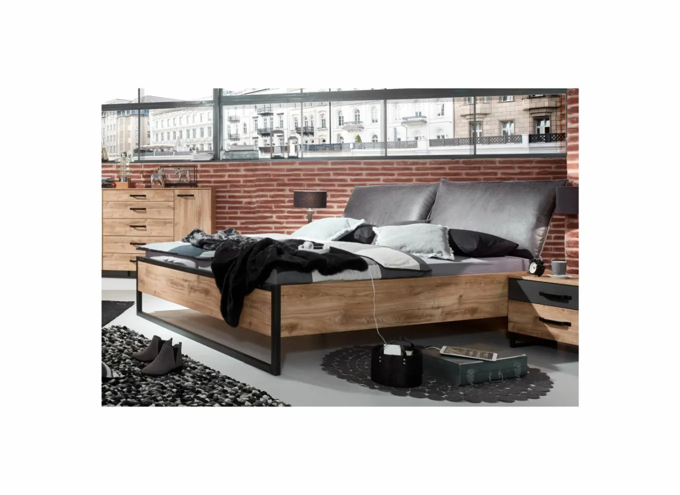Tweepersoonsbedden|Bed Detroit II 160x200cm - decor - eik & zwart staal