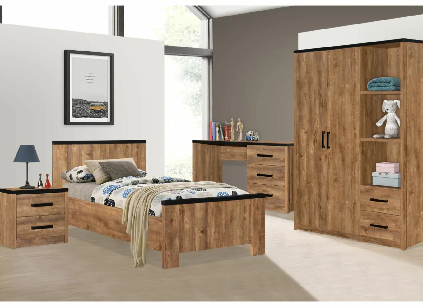 Eenpersoonsbedden|Eenpersoonsbedden|Bed Esra 90x200cm - decor - industrial oak & black concrete