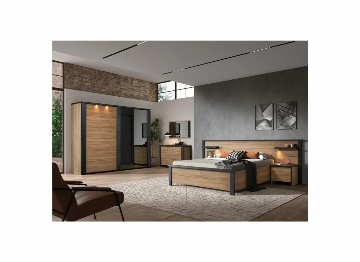 Tweepersoonsbedden|Bed 140x200cm - decor - Franse eik & nox met zijwanden