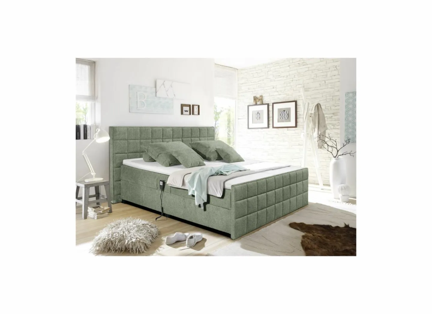 Bedbox Gabun 180x200cm - stof - olijf elektrisch- Boxsprings