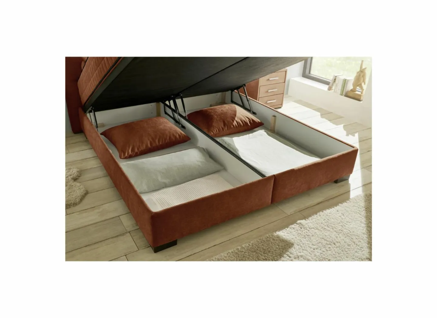 Bedbox Nagol A 180x200cm - stof - cognac met opbergruimte- Compleet Bed|Tweepersoonsbedden