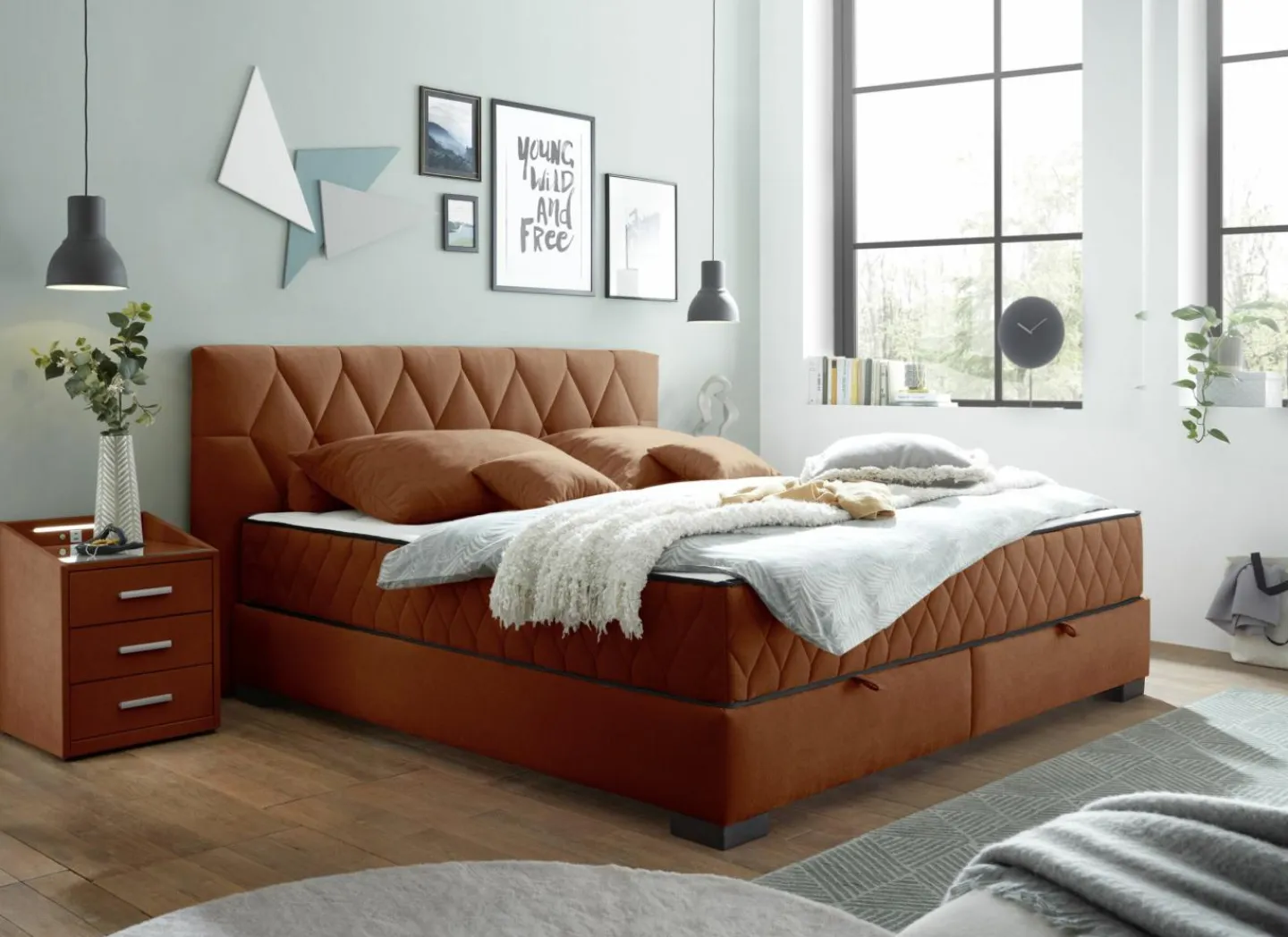 Bedbox Nagol B 180x200cm - stof - cognac met opbergruimte- Boxsprings