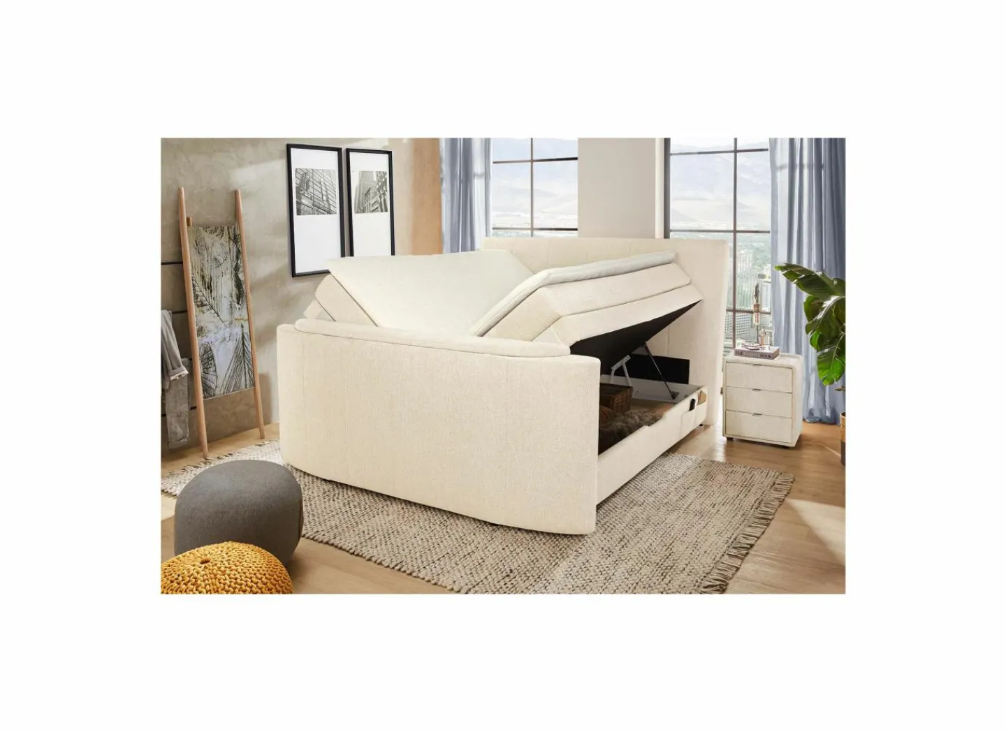 Boxspring Belair Mix 180x200cm - stof - ecru met tv-lift en opbergruimte- Compleet Bed|Tweepersoonsbedden