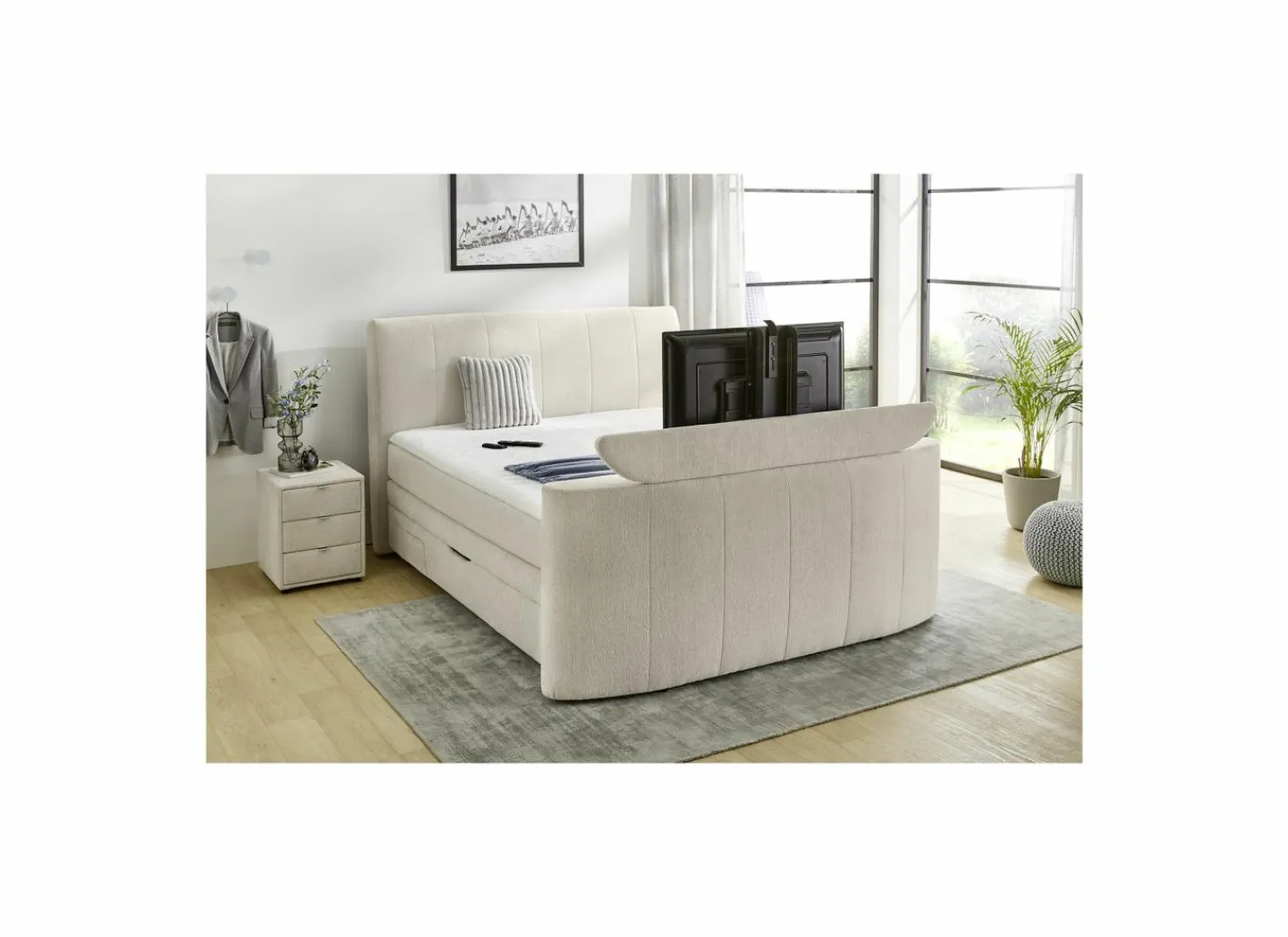 Boxspring Belair Mix 180x200cm - stof - beige met tv-lift en opbergruimte- Compleet Bed|Tweepersoonsbedden