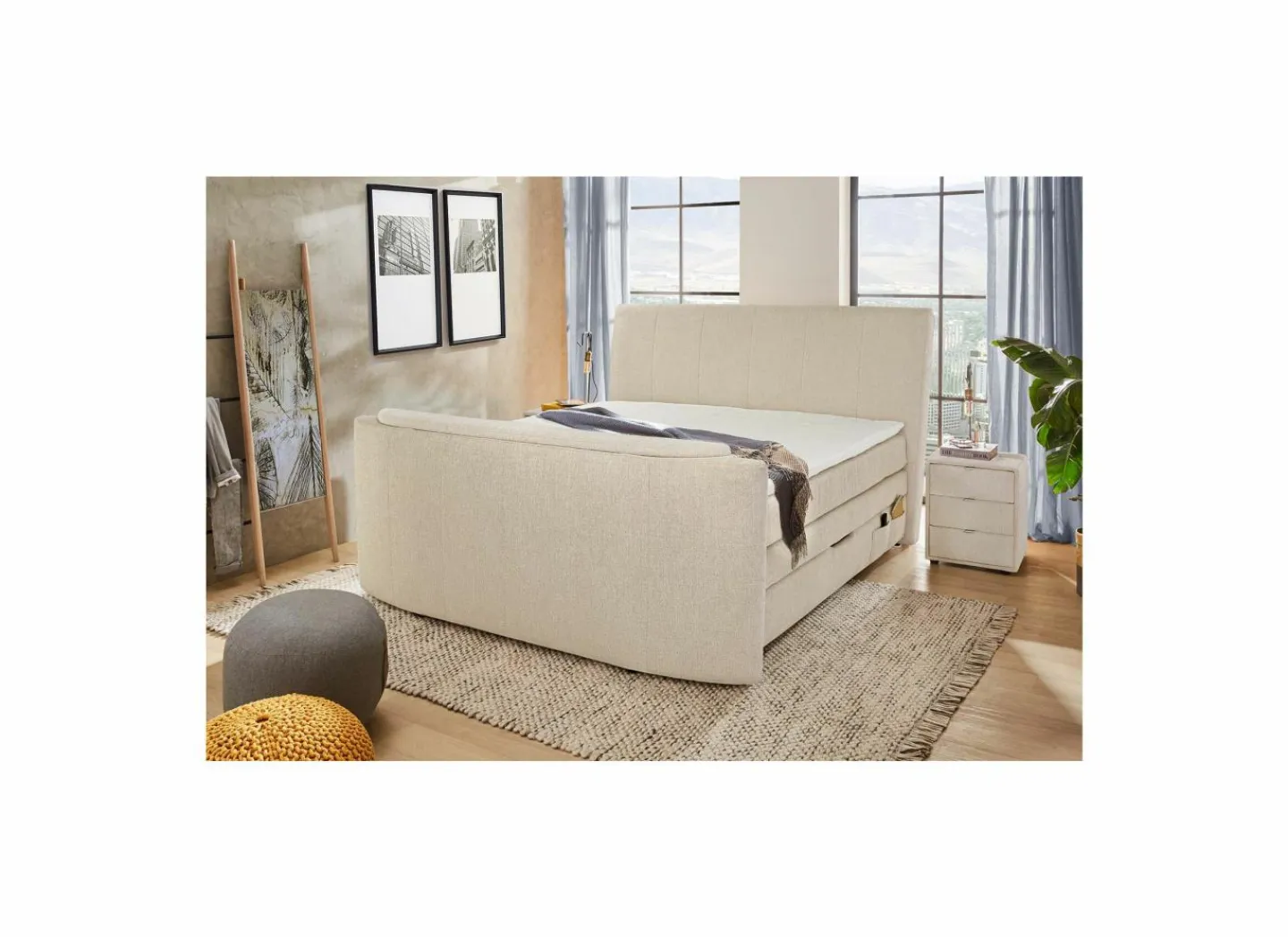 Boxspring Belair Mix 180x200cm - stof - beige met tv-lift en opbergruimte- Compleet Bed|Tweepersoonsbedden