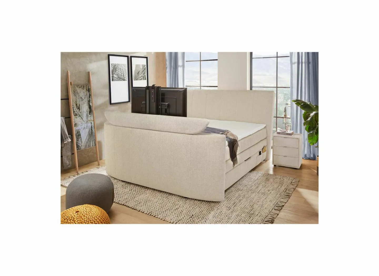 Boxspring Belair Mix 180x200cm - stof - beige met tv-lift en opbergruimte- Compleet Bed|Tweepersoonsbedden