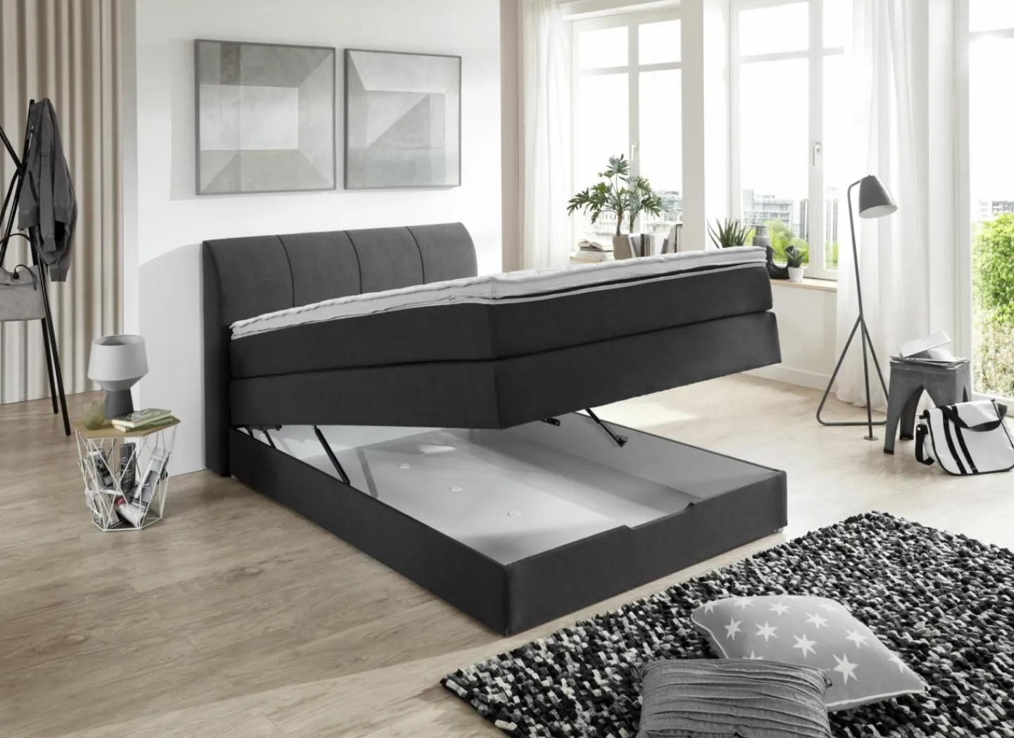 Boxspring BX1440 140x200cm - stof - antraciet met opbergruimte- Boxsprings