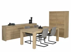 Eetkamer Amarillo eik massief, met 4 stoelen Cloud - tafel 180x90cm - dressoir 225cm - barkast 125cm- Voorgemonteerd