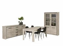 Eetkamer Elias met 4 stoelen Chuck - tafel 190x90cm - dressoir 201cm - vitrinekast 115cm- Niet Voorgemonteerd