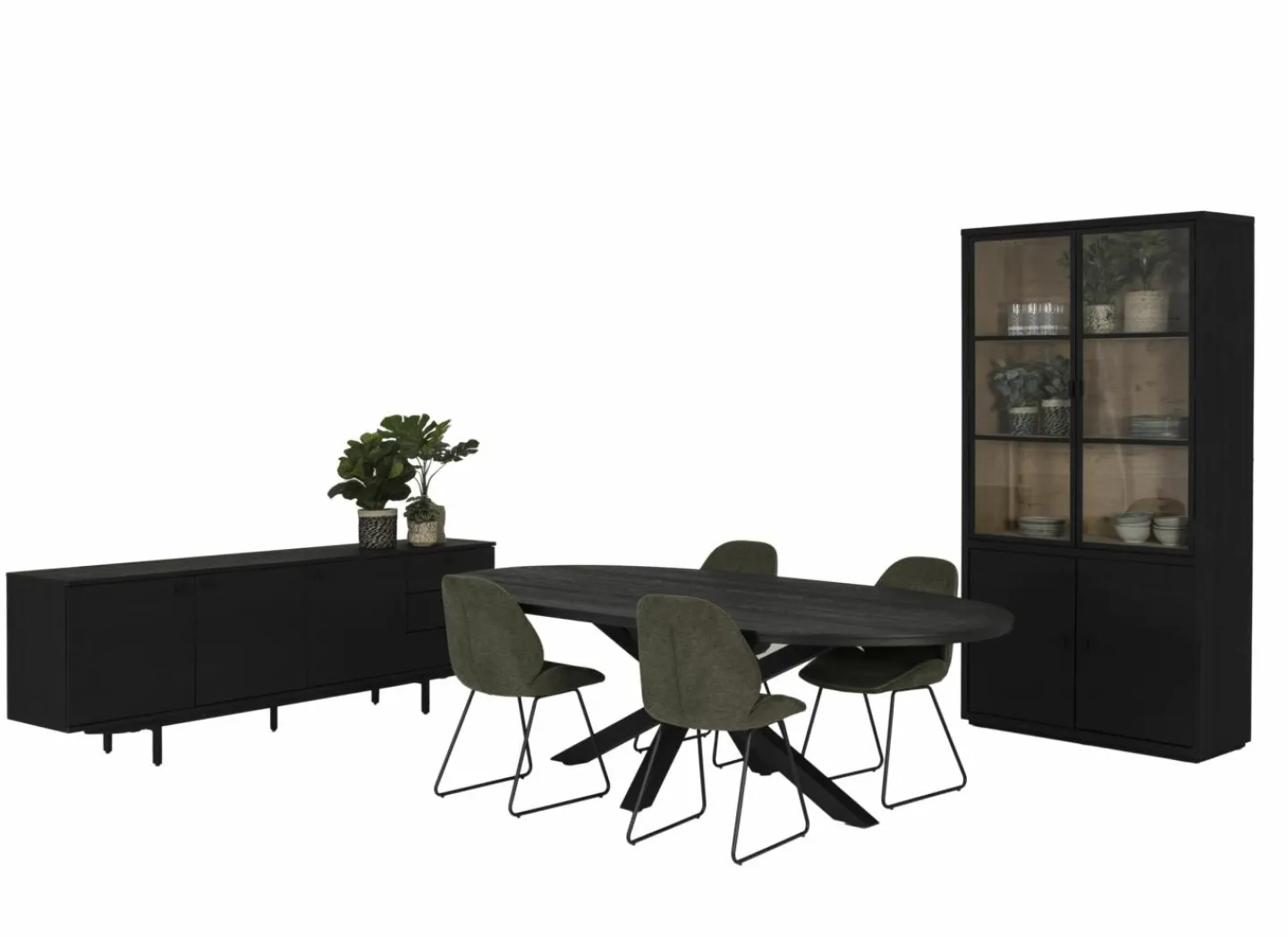 Eetkamer Mauri eik massief met 4 stoelen Patti - tafel 250x128cm - dressoir 240cm - vitrinekast 116,5cm- Voorgemonteerd