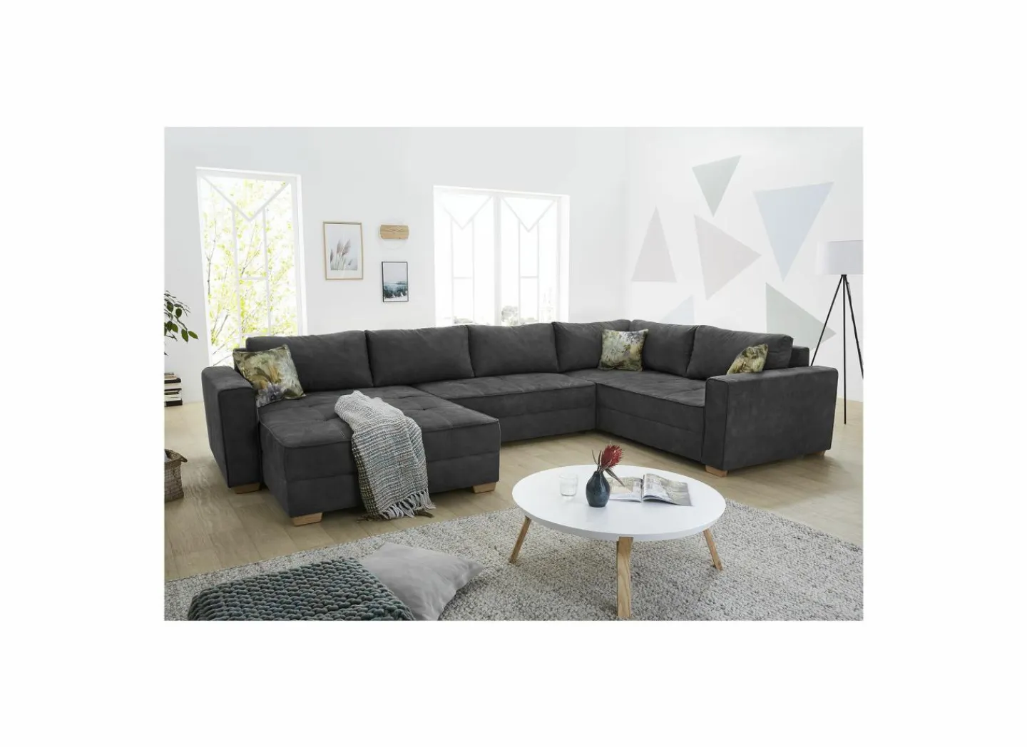 Hoeksalon Brixen 379x227cm - stof - donkergrijs met bedfunctie- Zetelbedden|Hoeksalons