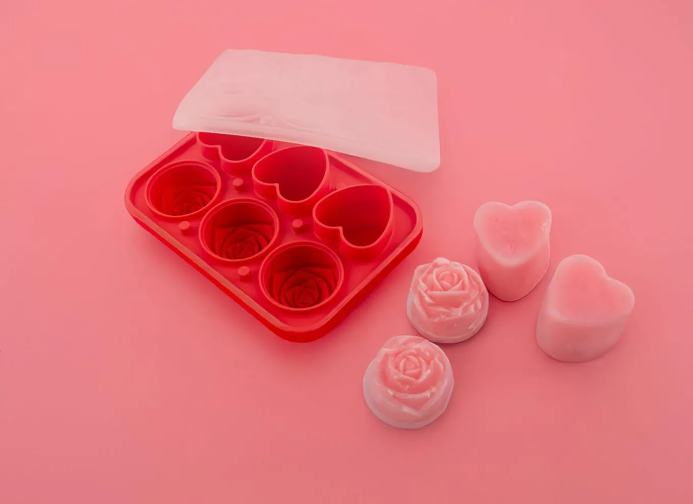 Ijsblokjesvormen|Ijsblokjesvorm Dotz Rozen en Hartjes 17x12x5cm - silicone - rood