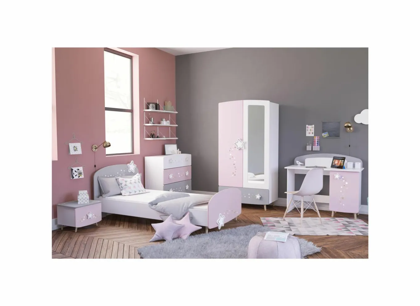 Demeyere Complete Kinderkamers|Complete Kinderkamers|Kinderkamer Etoiles met bed 90x200cm - kleerkast 95cm en 1 nachtkastje