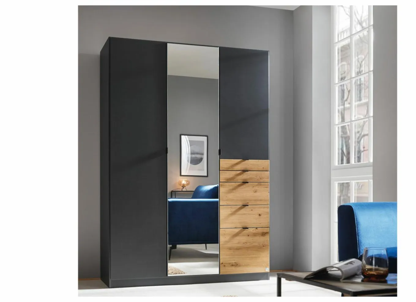 Draaideurkast|Draaideurkast|Kleerkast 136cm - decor - metallic grijs & artisanale eik