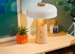 Tafellamp Champignon Pola H35cm E27 - hevea & staal - wit & naturel- Tafellampen