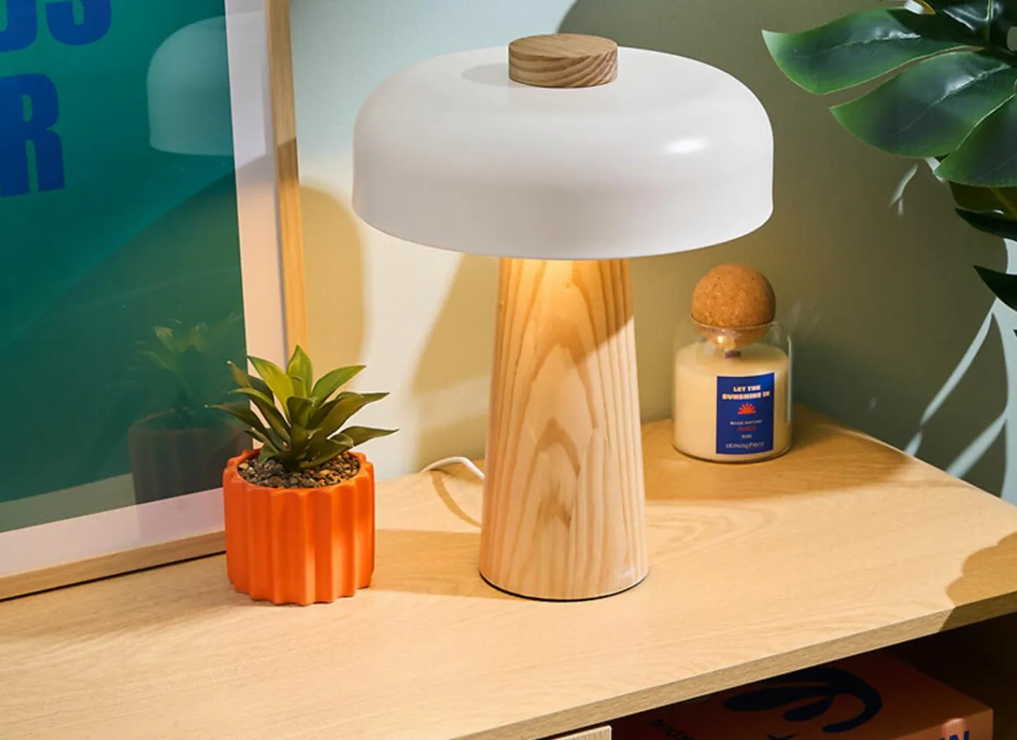 Tafellamp Champignon Pola H35cm E27 - hevea & staal - wit & naturel- Tafellampen