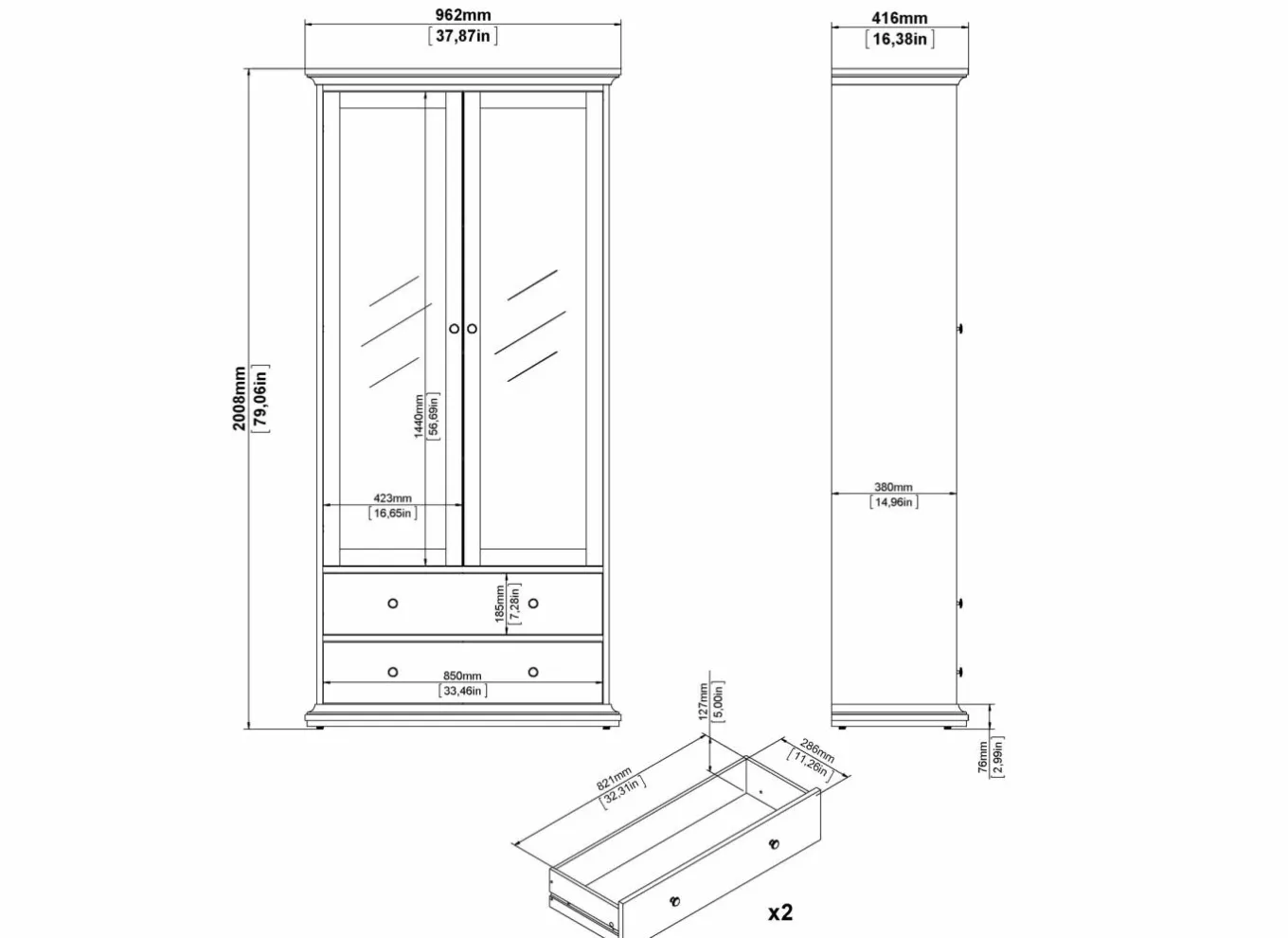 Vitrinekasten|Vitrinekasten|Vitrinekast Paris 96cm - decor - wit