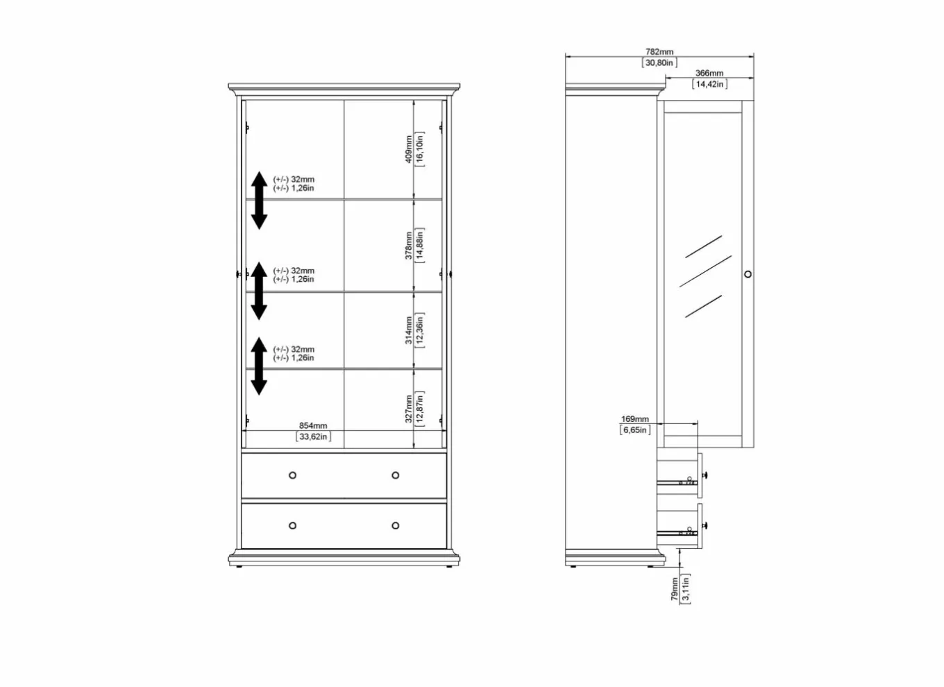 Vitrinekasten|Vitrinekasten|Vitrinekast Paris 96cm - decor - wit
